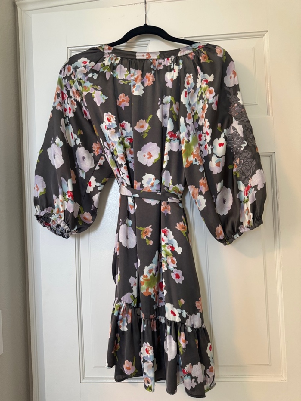 Uncle Frank Charcoal Gray Floral Puff-Sleeve Wrap Mini Dress - Picture 3 of 3